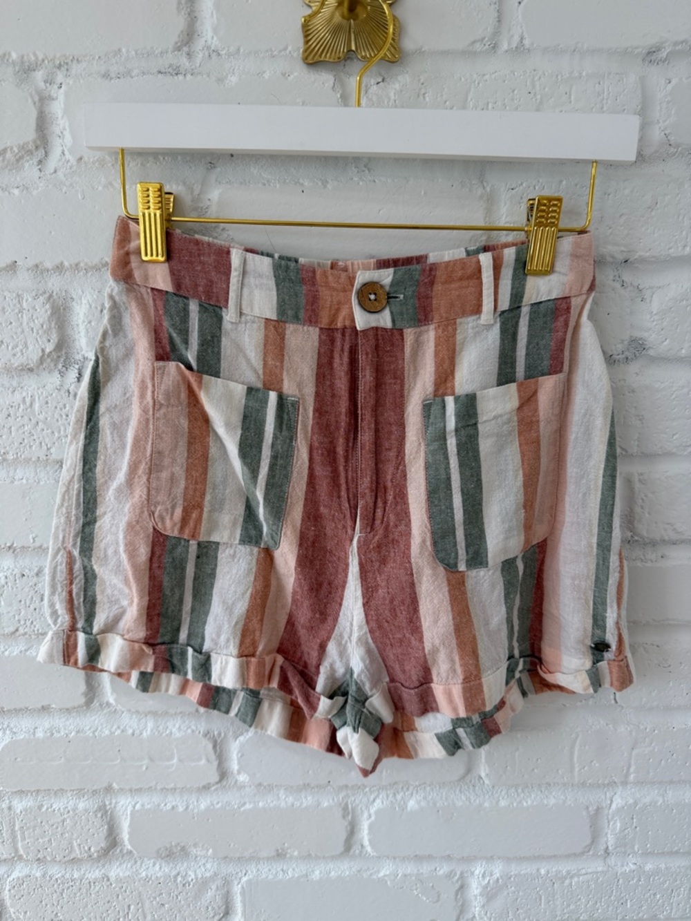 Roxy High-Waist Striped Ruffle Hem Shorts - Rust, Green, Cream, White